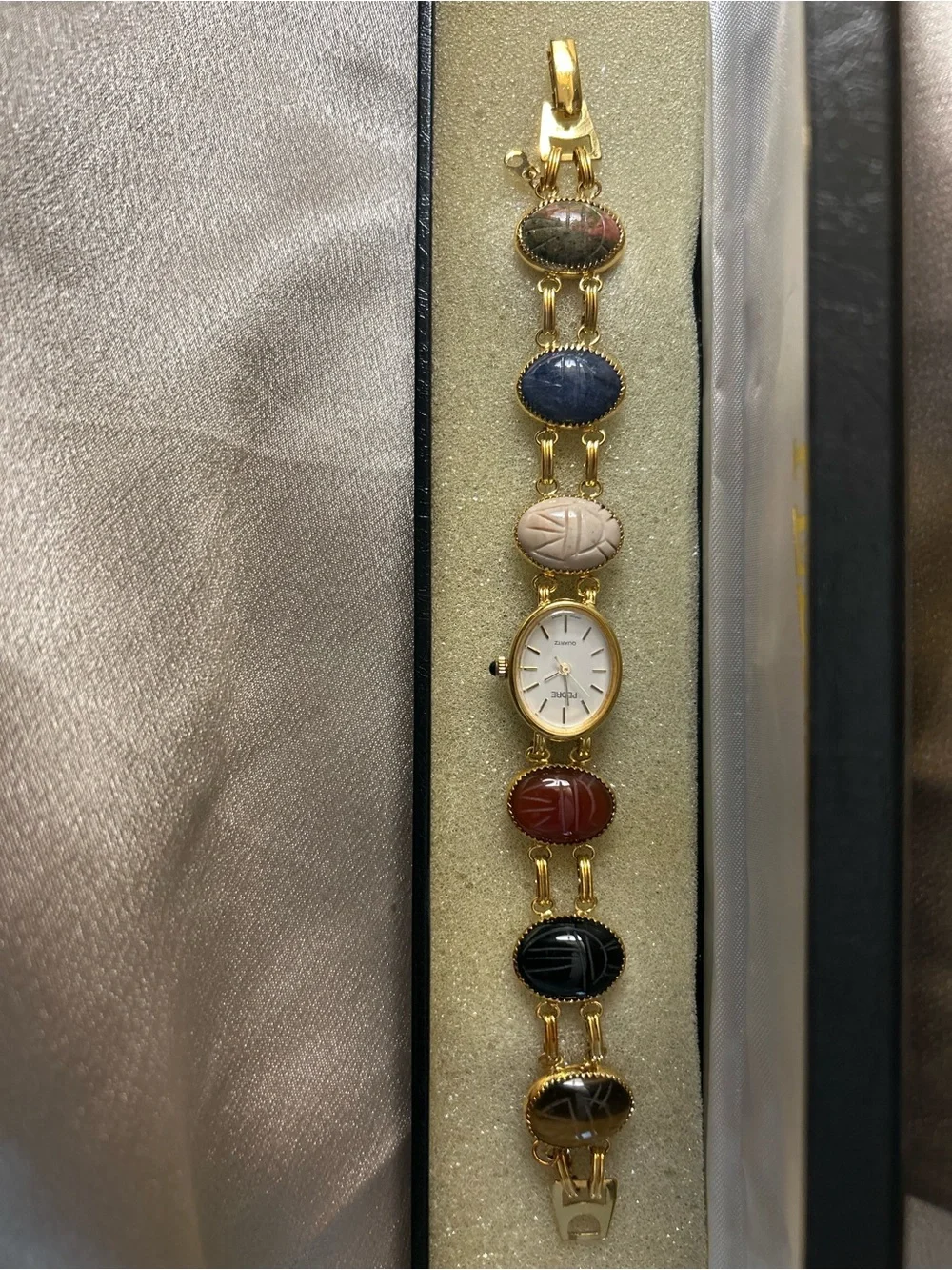 Pedre Women's Gold-Tone Multicolor Scarab Link Watch- Egyptian Good Luck Watch